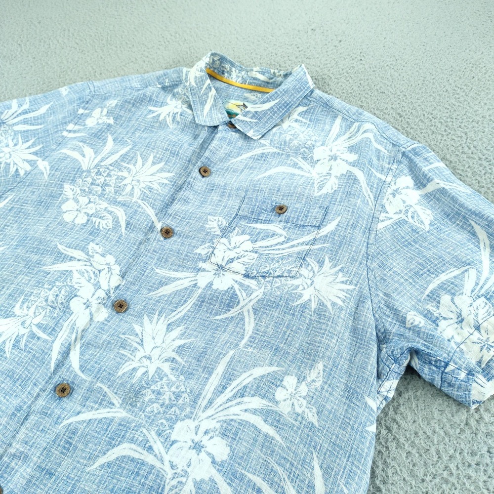 Tommy Bahama Shirt Mens XL Blue Linen Pineapple Hawaiian Button Up Short Sl